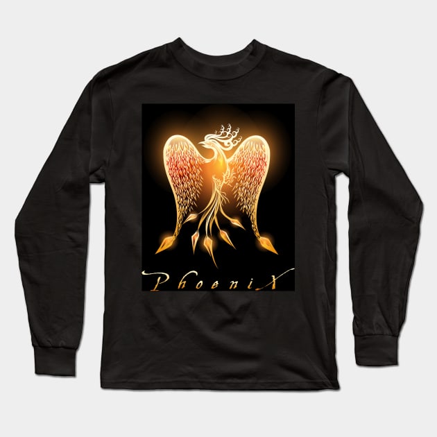 Burning Phoenix Bird on Black Background Long Sleeve T-Shirt by devaleta